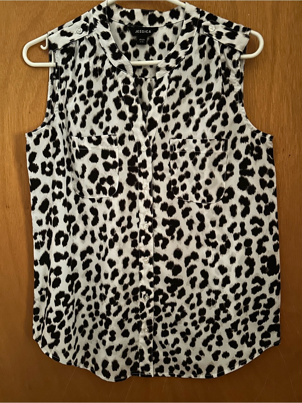 Jessica Black and White Leopard Print Button-Front Sleeveless Top
